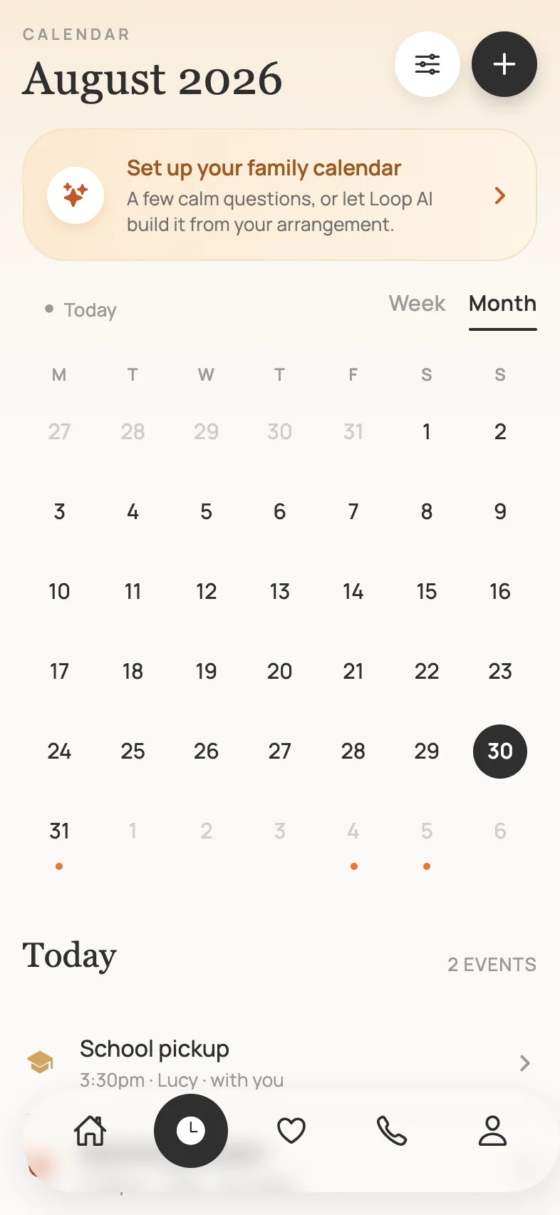 Loop’s month calendar for August, with today highlighted and event dots on busy days.