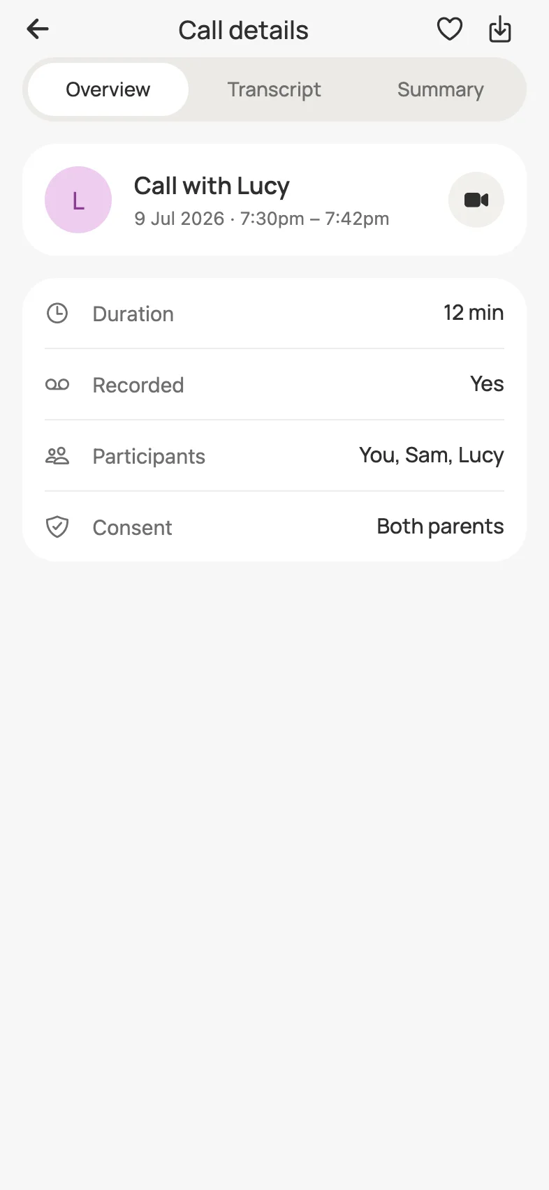 A Loop call summary: main topics including Lucy losing a tooth and confirming the swimming gala, arrangements for Saturday, no concerns raised, and follow-ups for both parents.