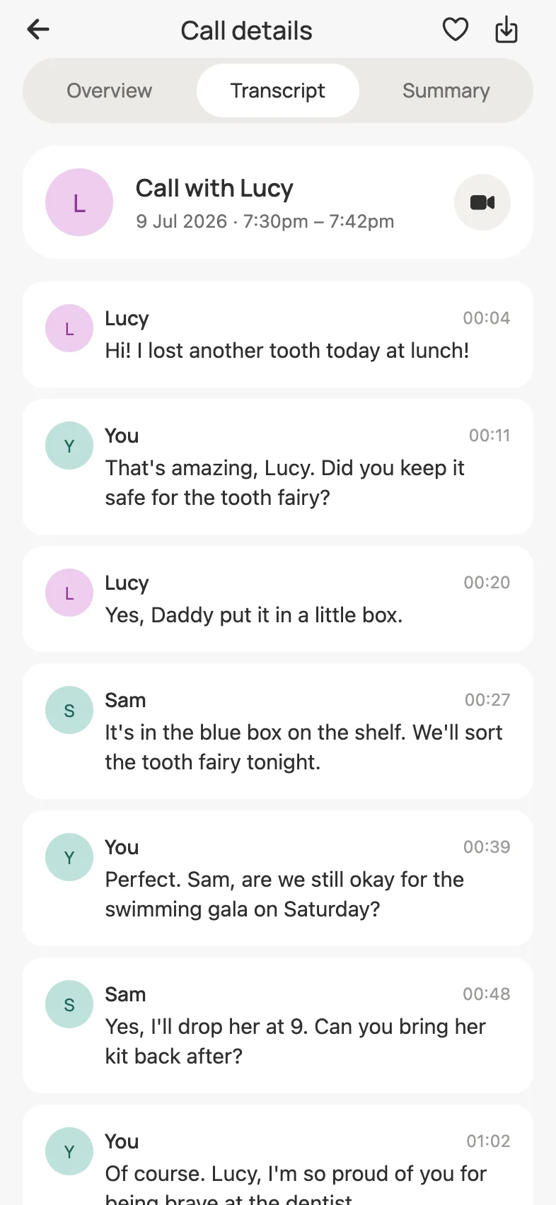 A Loop call transcript with timestamped turns from Lucy, you and Sam.