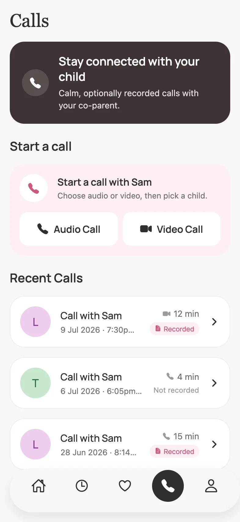 Loop’s calls screen with recent calls and audio or video options.