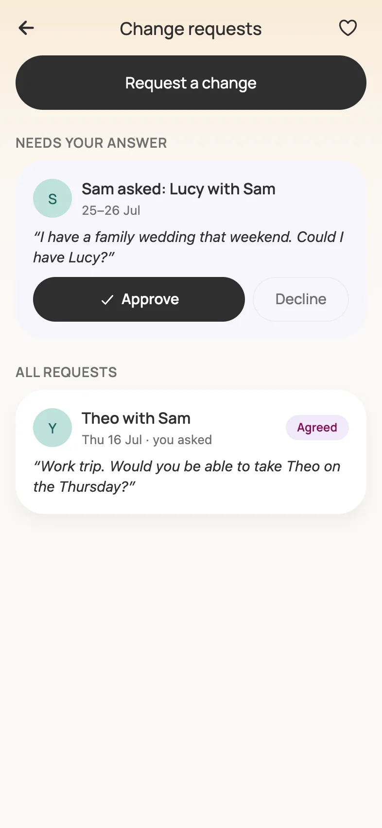 A change request in Loop: Sam has asked to have Lucy on 25–26 July, with Approve and Decline buttons.