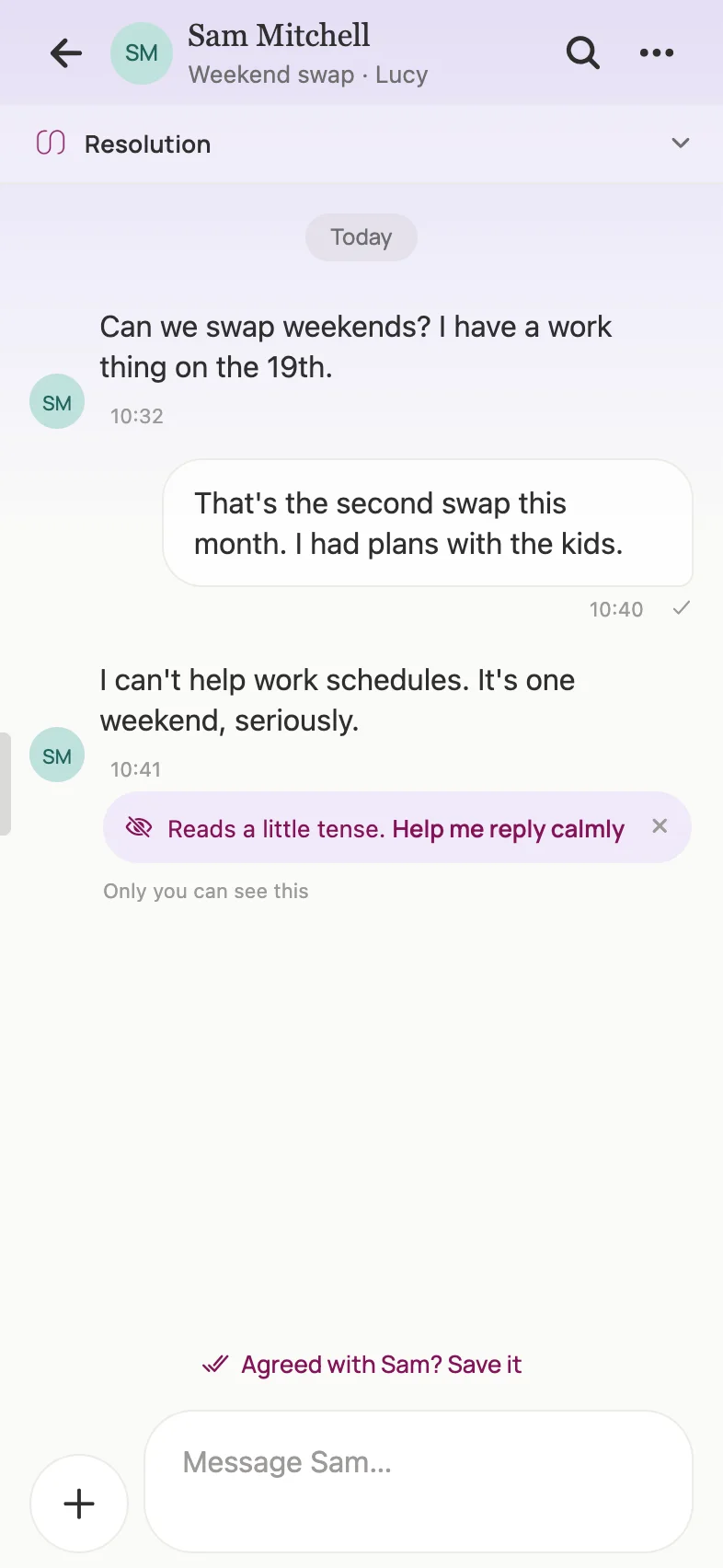 A Loop chat where a message from Sam is marked ‘Reads a little tense. Help me reply calmly’, visible only to the reader.