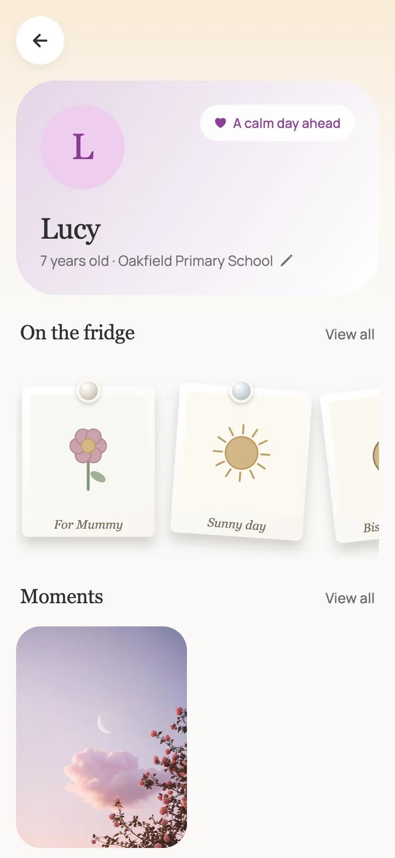 Lucy’s space in Loop: her name and school, drawings pinned ‘on the fridge’, and a row of shared photo moments.