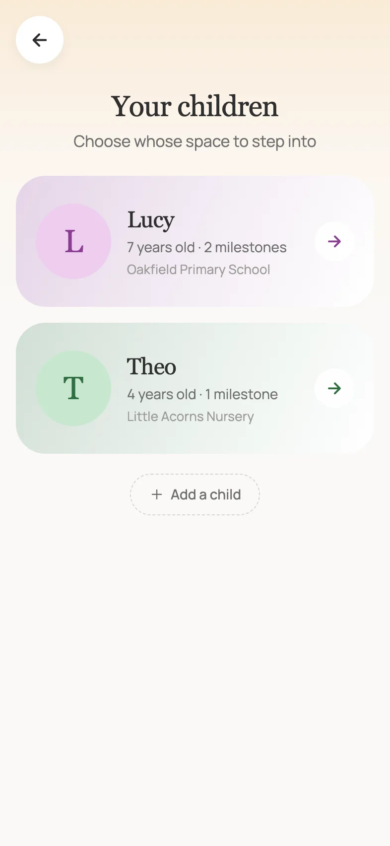 A list of children in Loop: Lucy, 7, and Theo, 4.