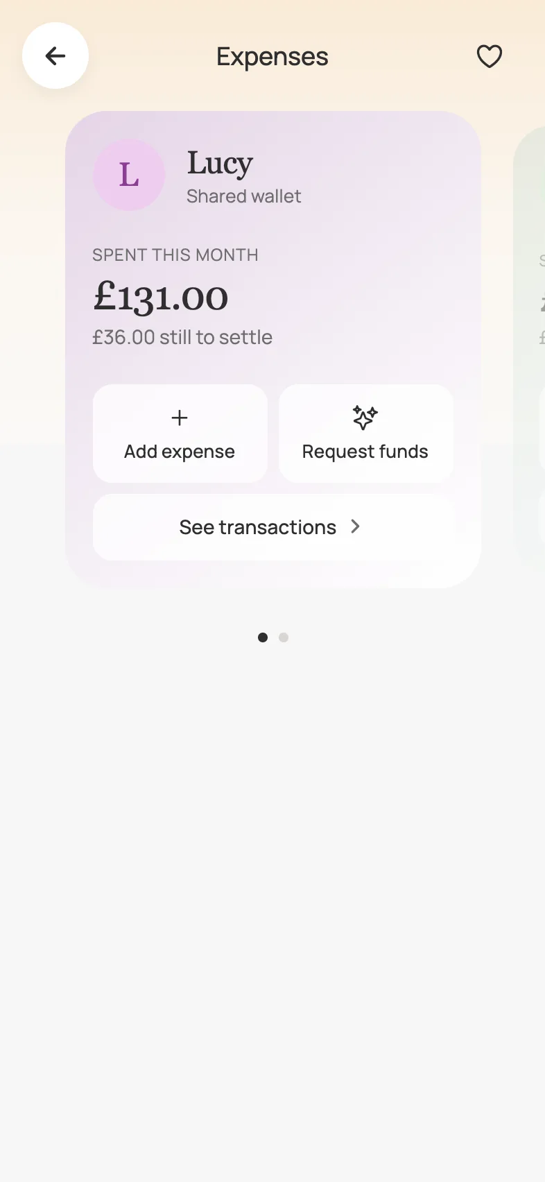 Loop’s expenses screen showing a shared wallet for Lucy: £131.00 spent this month, £36.00 outstanding between you and Sam.