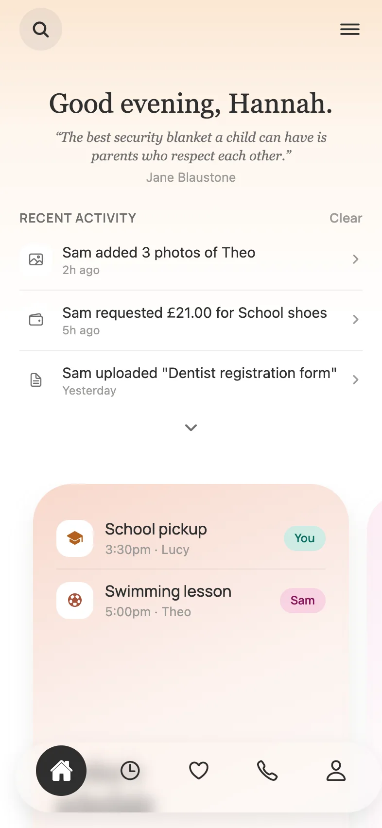 The Loop home screen showing today’s schedule: school pickup with you, swimming lesson with Sam.