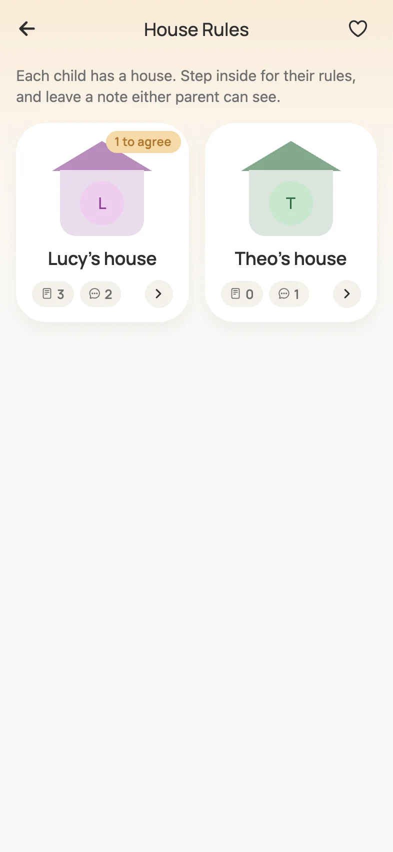 House Rules in Loop, showing a house for Lucy and a house for Theo.